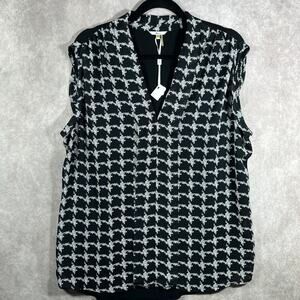 Milano Blouse Womens XL Black White Houndstooth Sleeveless‎ V-Neck Career NEW